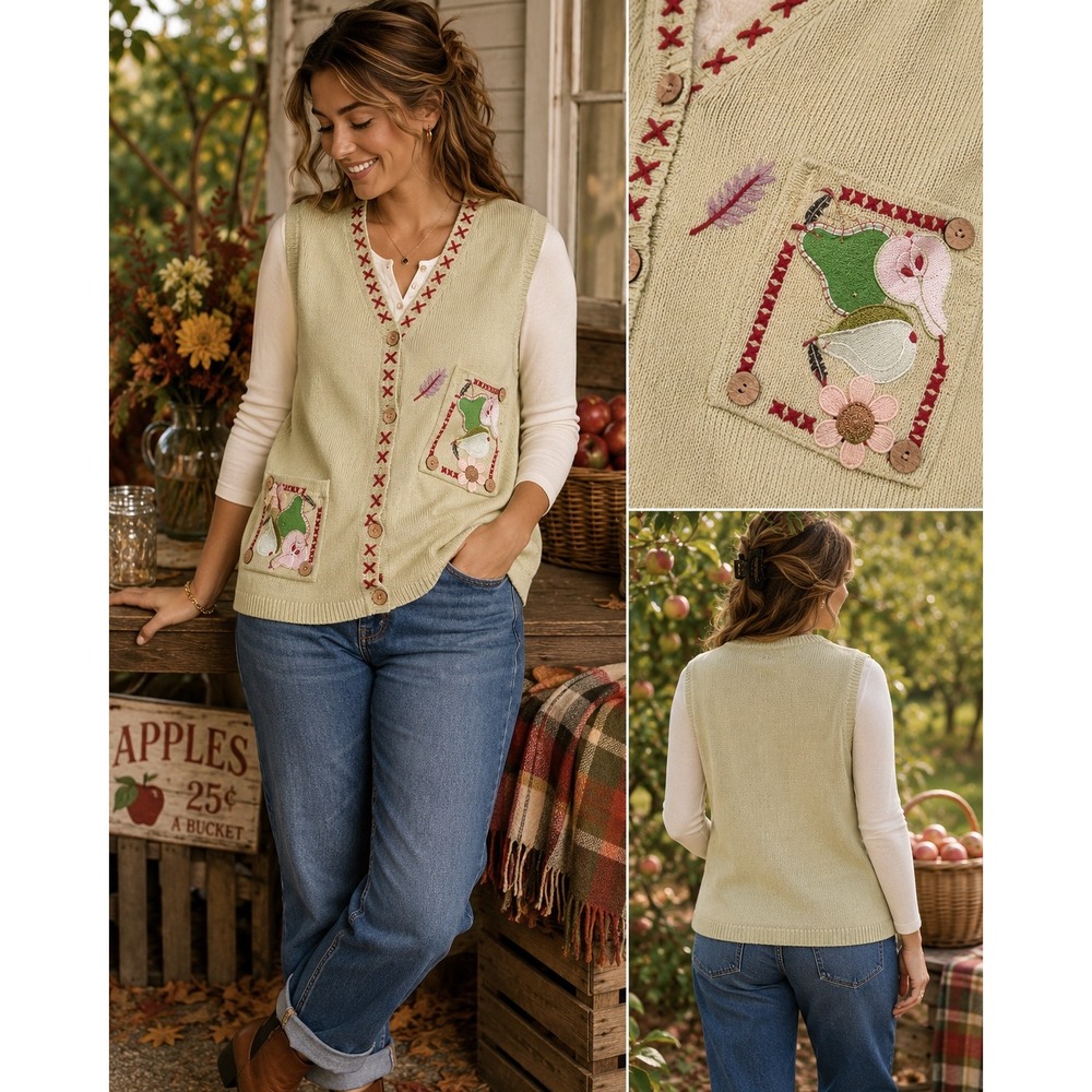 Breckenridge Sage Green Fruit Embroidered Button Front Sweater Vest XL